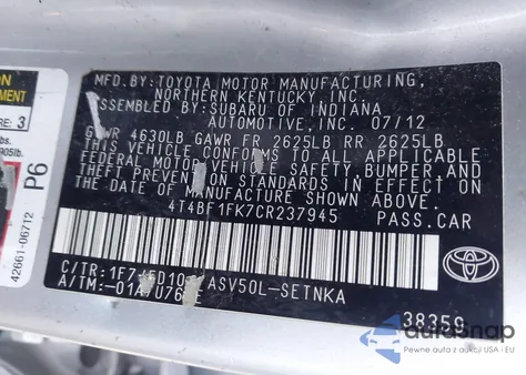 2012 Toyota Camry Le from USA, damaged, VIN 4T4BF1FK7CR237945